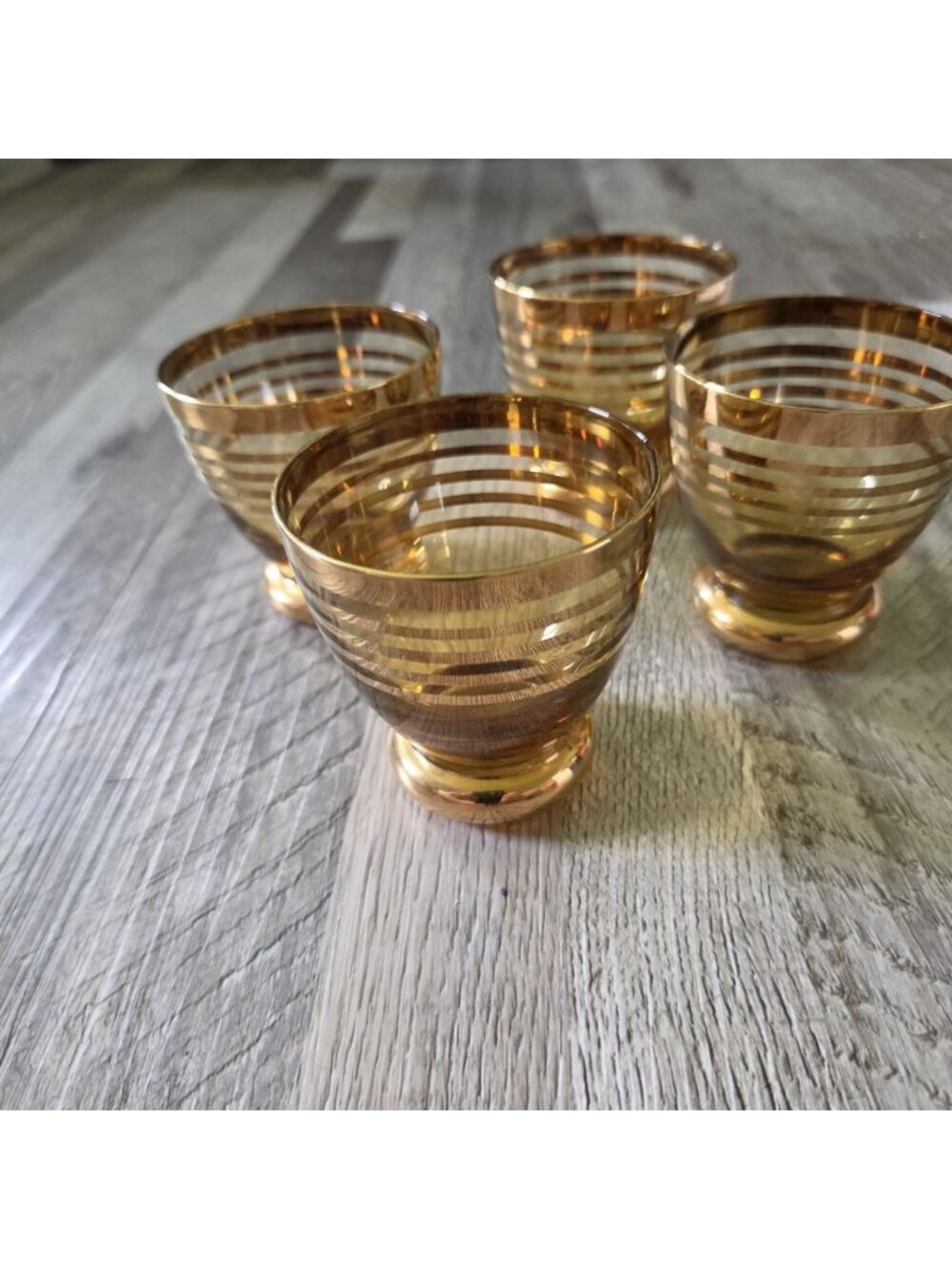 Vintage Amber Gold Striped Mid Century Cordial Shot Glasses Set of 4 Luxury